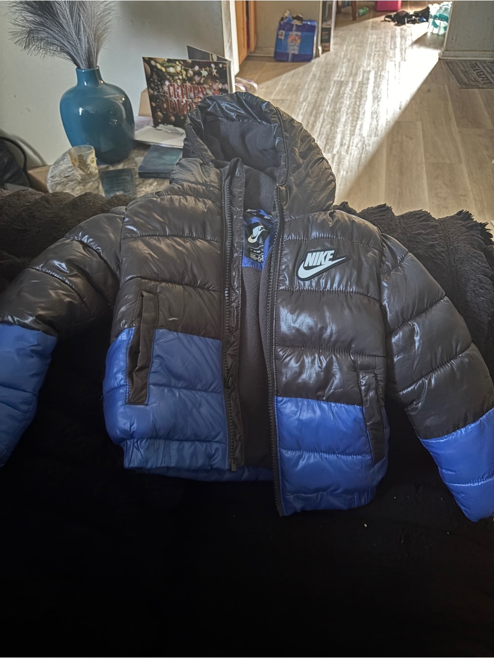 Nike Kids Black and Royal Blue Hooded Puffer Jacket